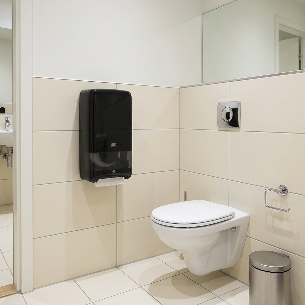 Sort Tork T6 Twin-dispenser ved væghængt toilet på cremefarvede fliser