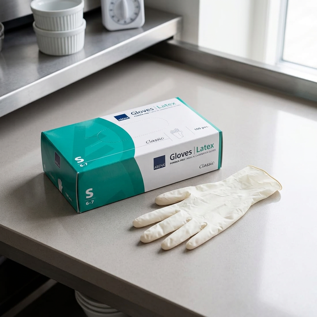 ABENA Classic latexhandsker S på et rent køkkenbord – stemningsbillede
