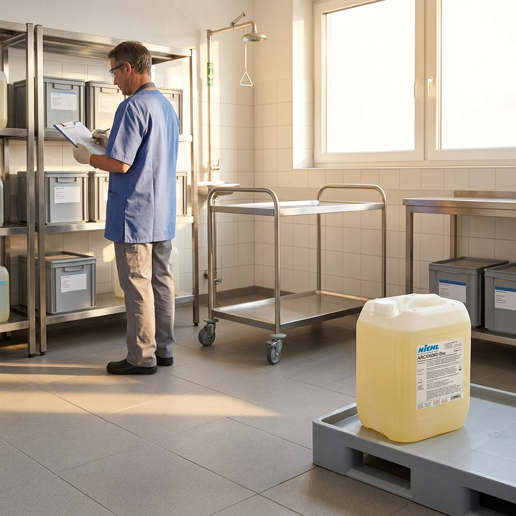 Arcandis-Eco 10 L i lukket dunk på opsamlingsbakke i solrigt opbevaringsrum med voksen medarbejder