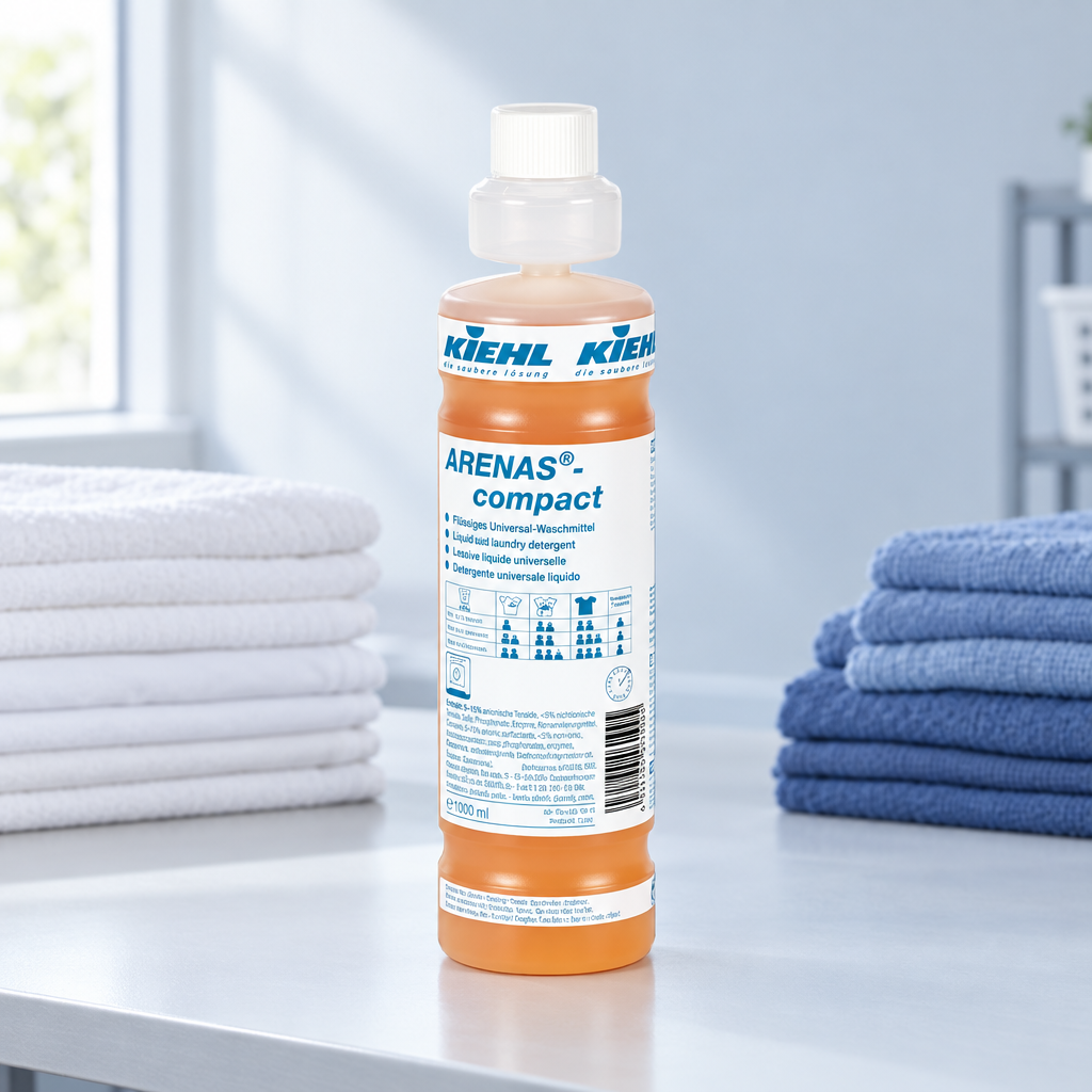 Kiehl Arenas Compact 1 L mellem separate stakke hvide og blå tekstiler