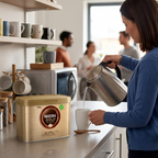 Voksen tilbereder kaffe med elkedel og kop ved Nescafé Gold Blend 500 g; service er ikke inkluderet