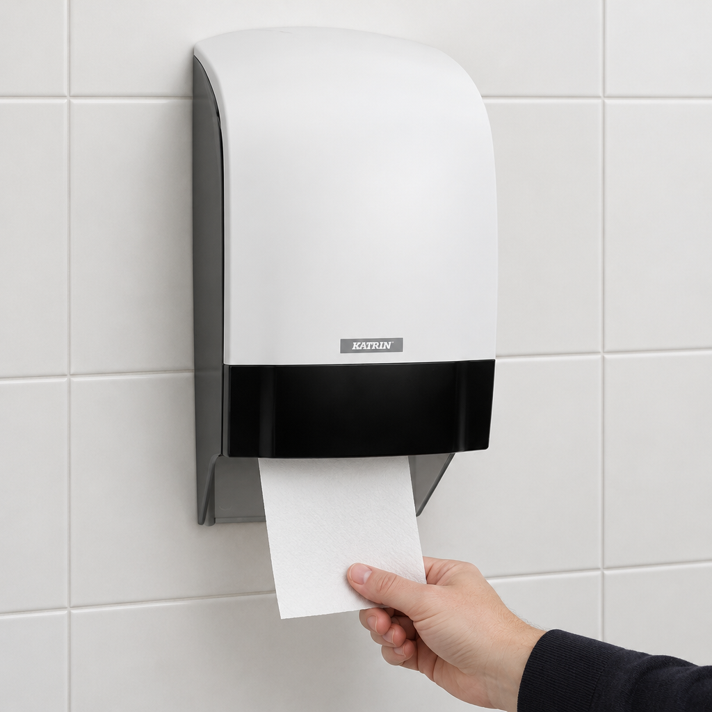 Hånd tager toiletpapir fra hvid Katrin System-dispenser på flisevæg