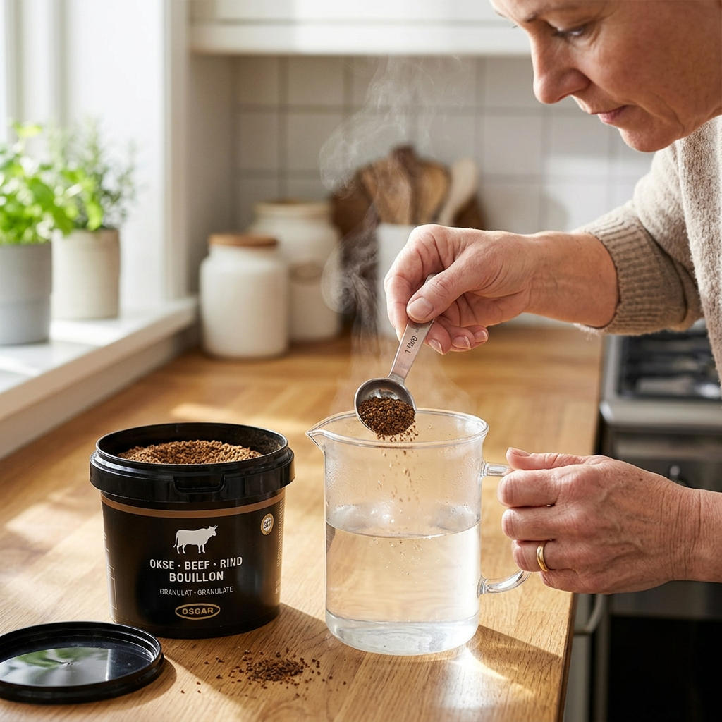 Oksebouillongranulat afmåles i en kande varmt vand