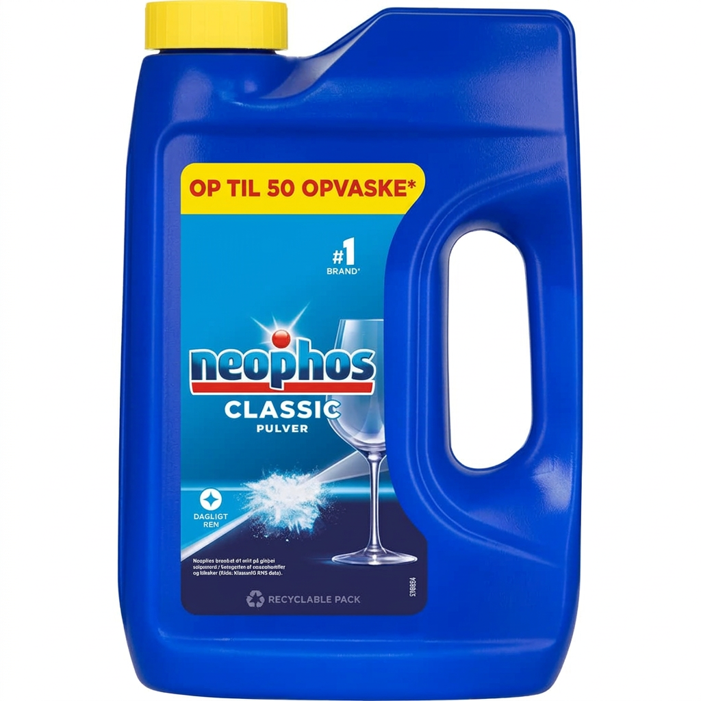 Neophos Classic opvaskepulver 1 kg i blå beholder med gult låg på hvid baggrund