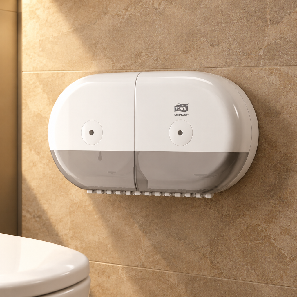 Tork SmartOne Mini Twin i hvid på varm stenbeklædning i hoteltoilet