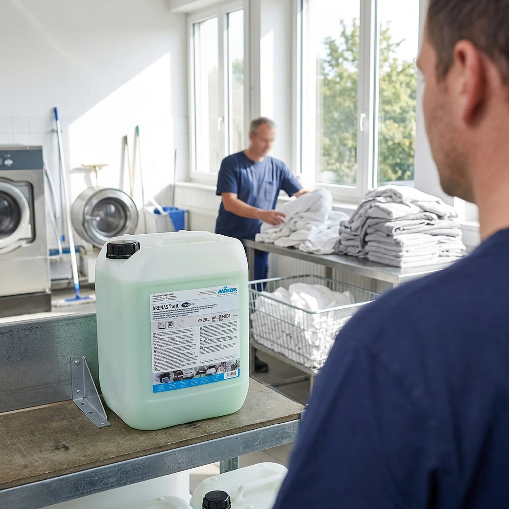 Kiehl Arenas Soft Balance 20 L i solrigt vaskeri med voksne medarbejdere og håndklæder, stemningsbillede
