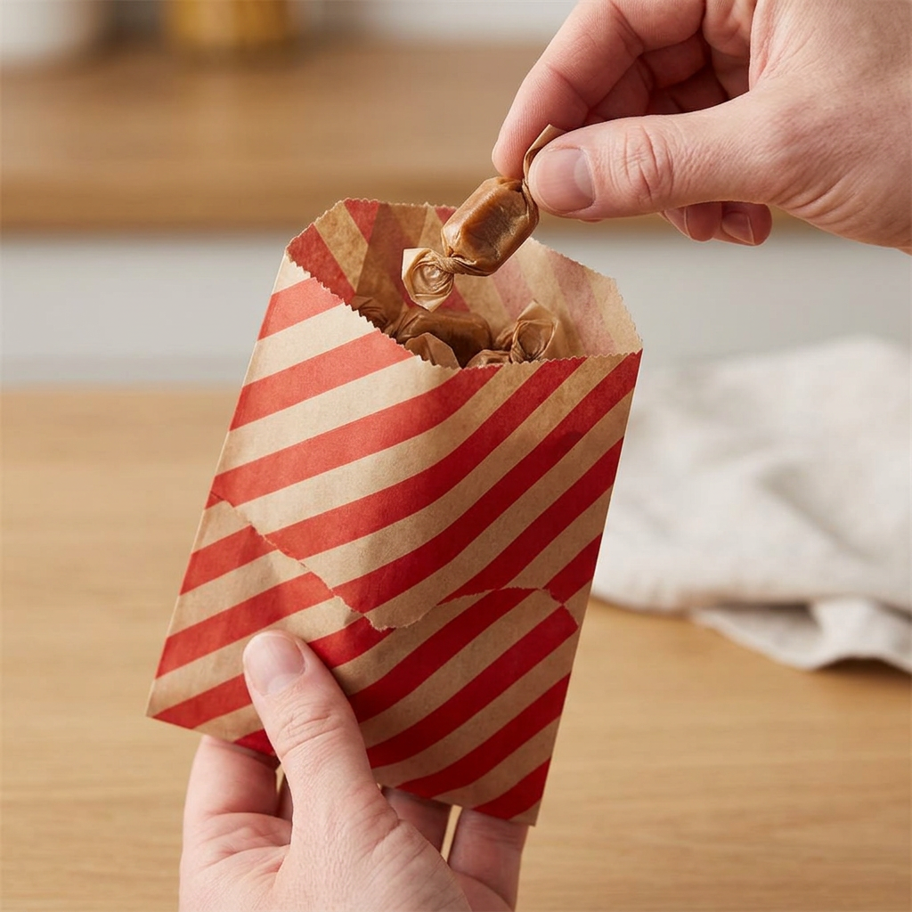 En indpakket karamel tages fra en rødstribet papirpose