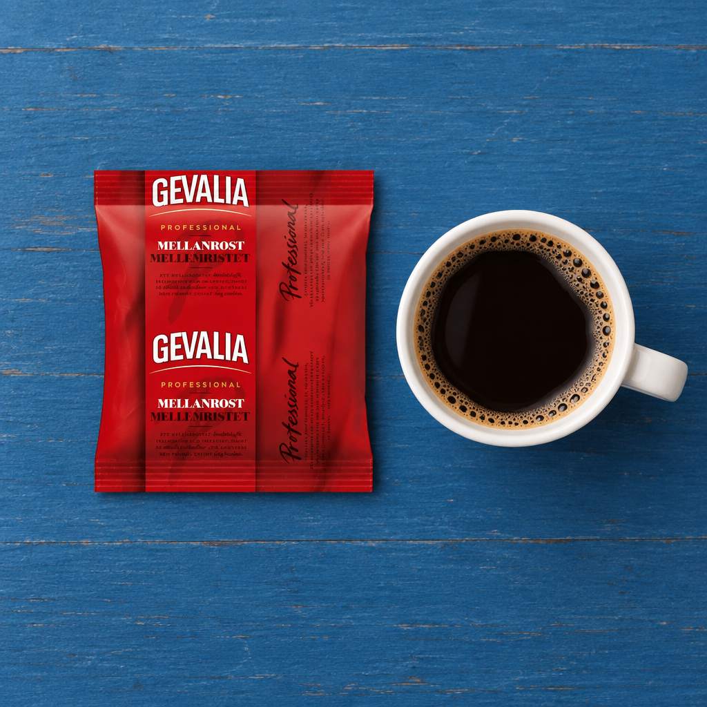 Gevalia Professional portionspose ved kaffekop på blåt bord, set ovenfra