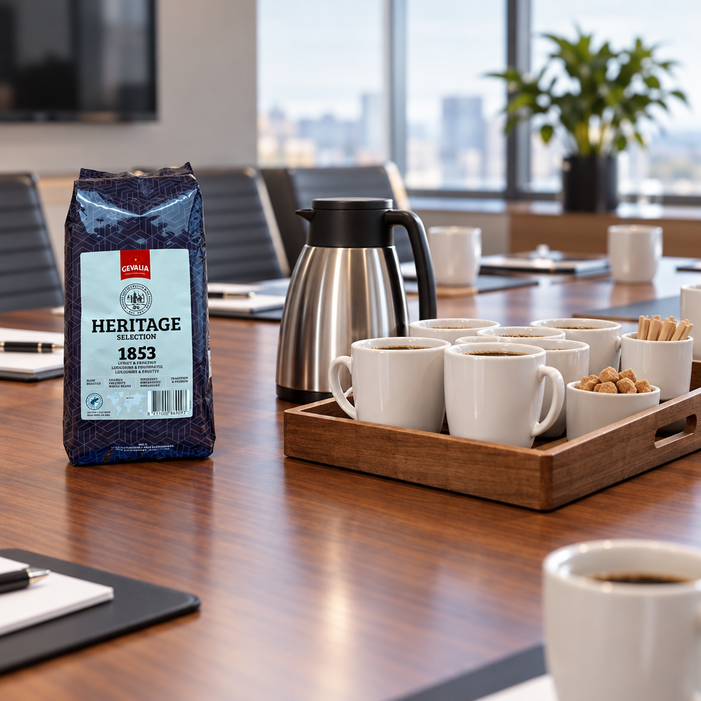 Gevalia 1853 kaffepose ved termokande og kaffekopper på mødebord, stemningsbillede