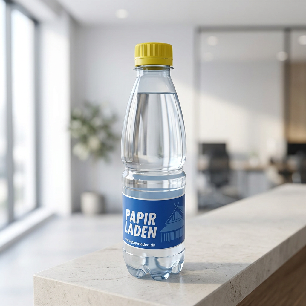 0,5-liters logovand med gult låg og blå Papirladen-etiket på receptionsdisken