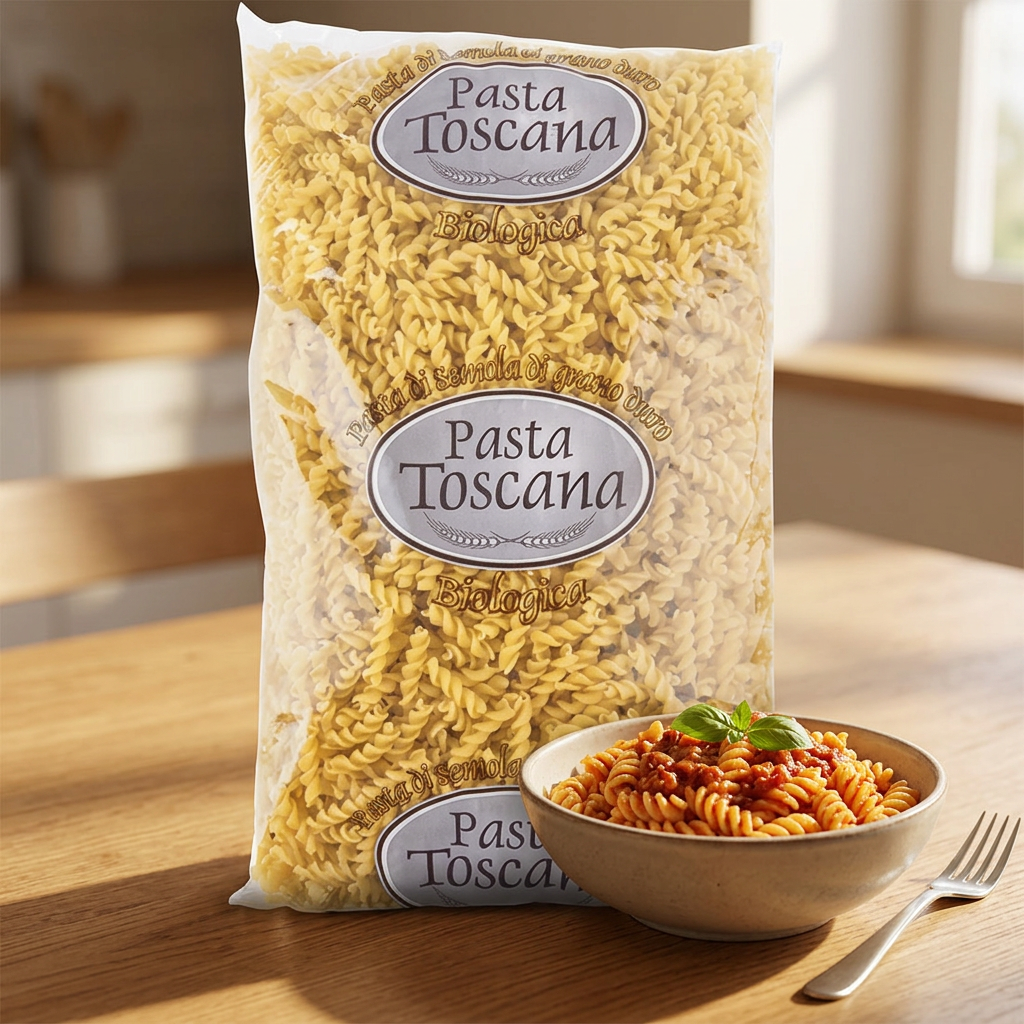 Pasta Toscana økologiske pastaskruer 3 kg ved en skål pasta med tomatsauce