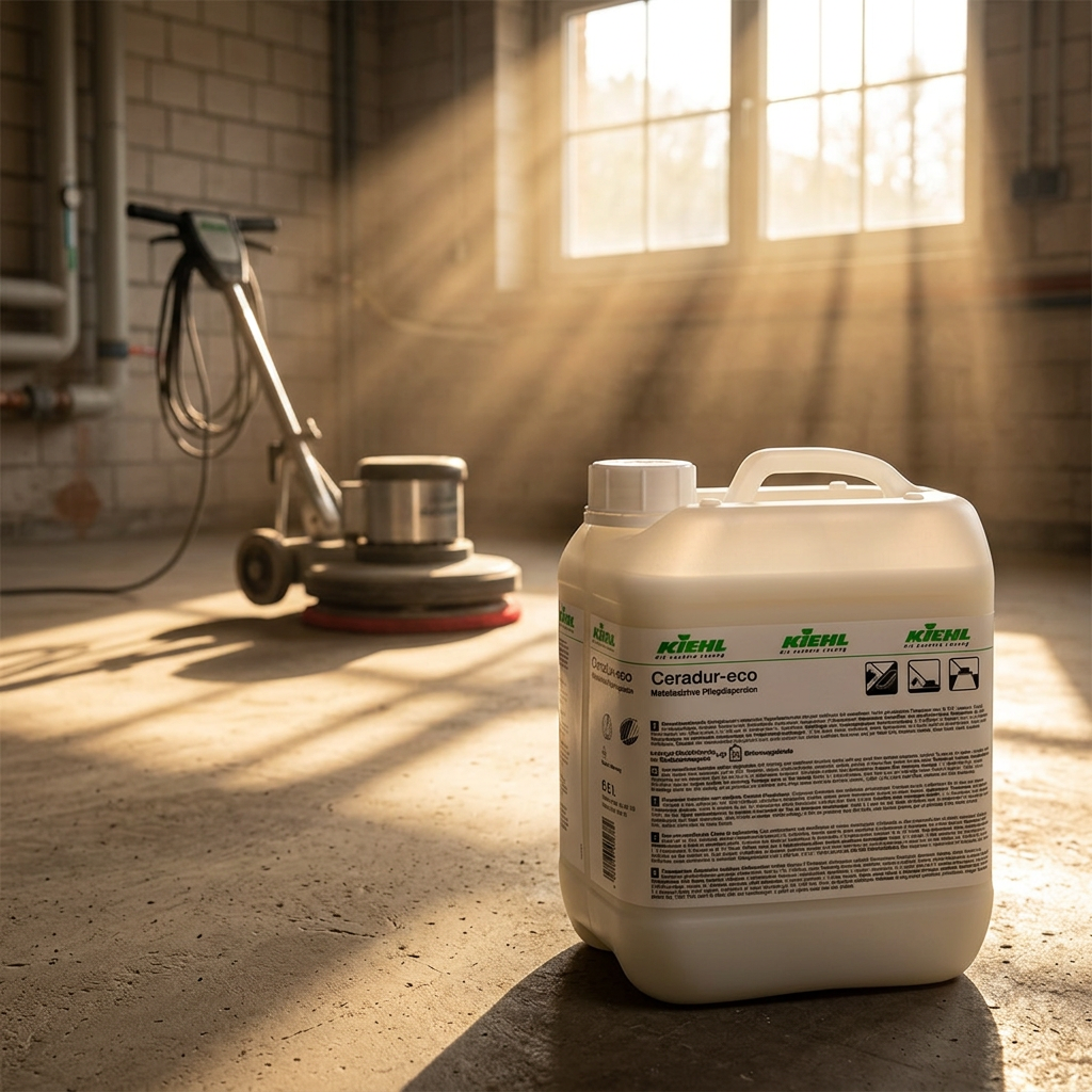 Ceradur-eco 5 L i solrigt servicerum med parkeret polermaskine i baggrunden