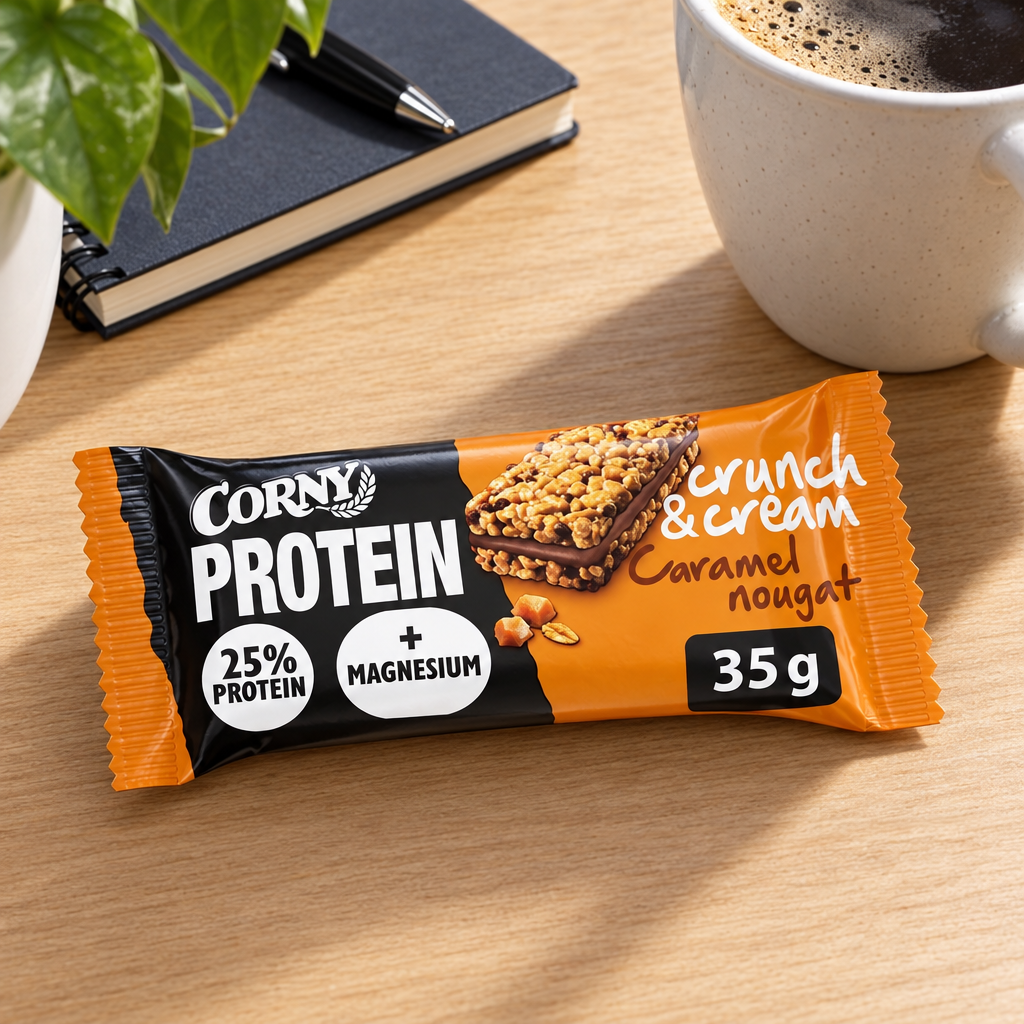 Stemningsillustration af Corny Protein Caramel Nougat 35 g ved kaffe og notesbog