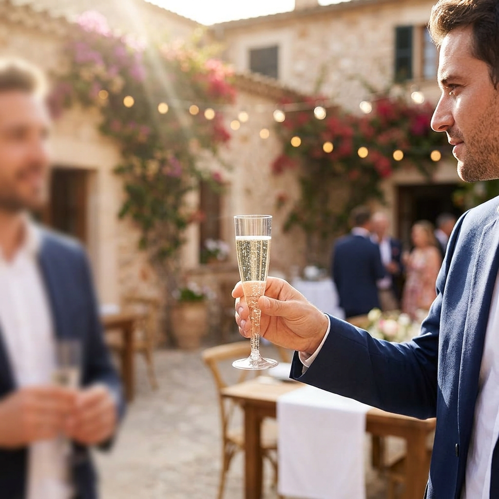 Voksen gæst med champagneglas ved solrig reception i gårdhave