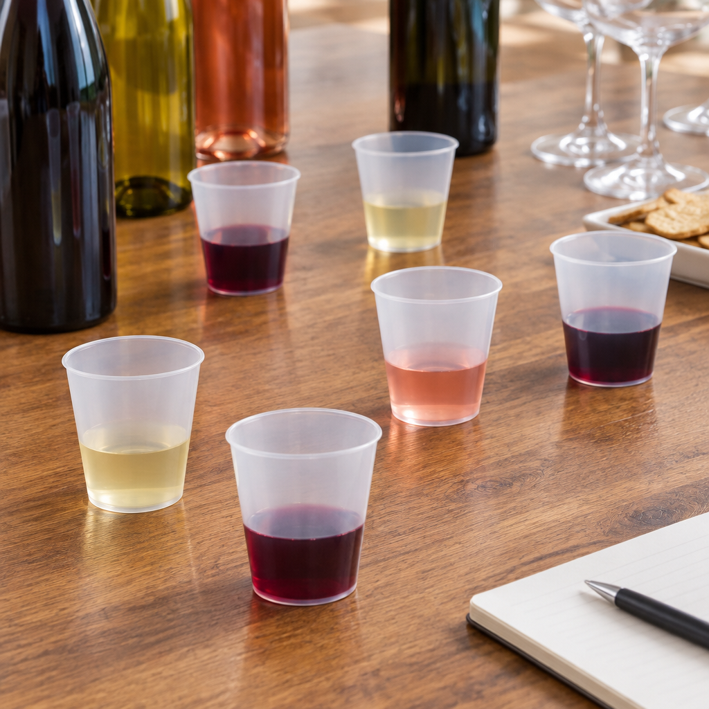 PP-shotglas med forskellige vinsmagsprøver på smagebord, stemningsbillede