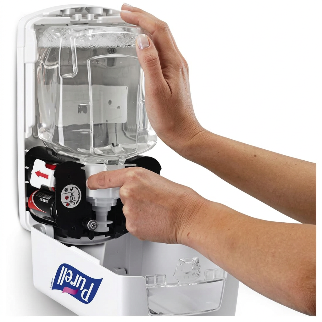 Ren genereret version af servicefoto med åben Purell-dispenser og synligt motorområde