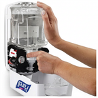 Ren genereret version af servicefoto med åben Purell-dispenser og synligt motorområde