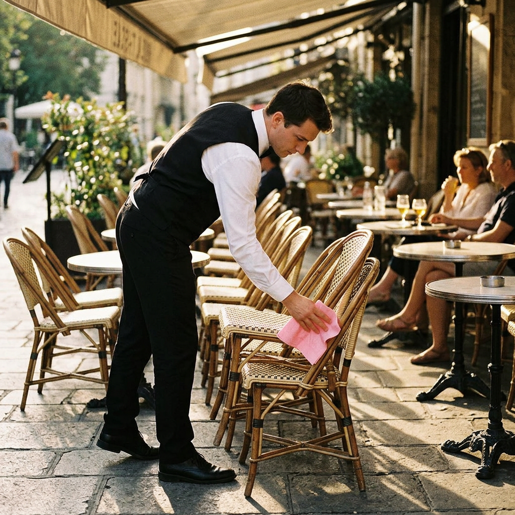 Tjener aftørrer cafémøbler med rosa alt-mulig-klud på en solrig terrasse.
