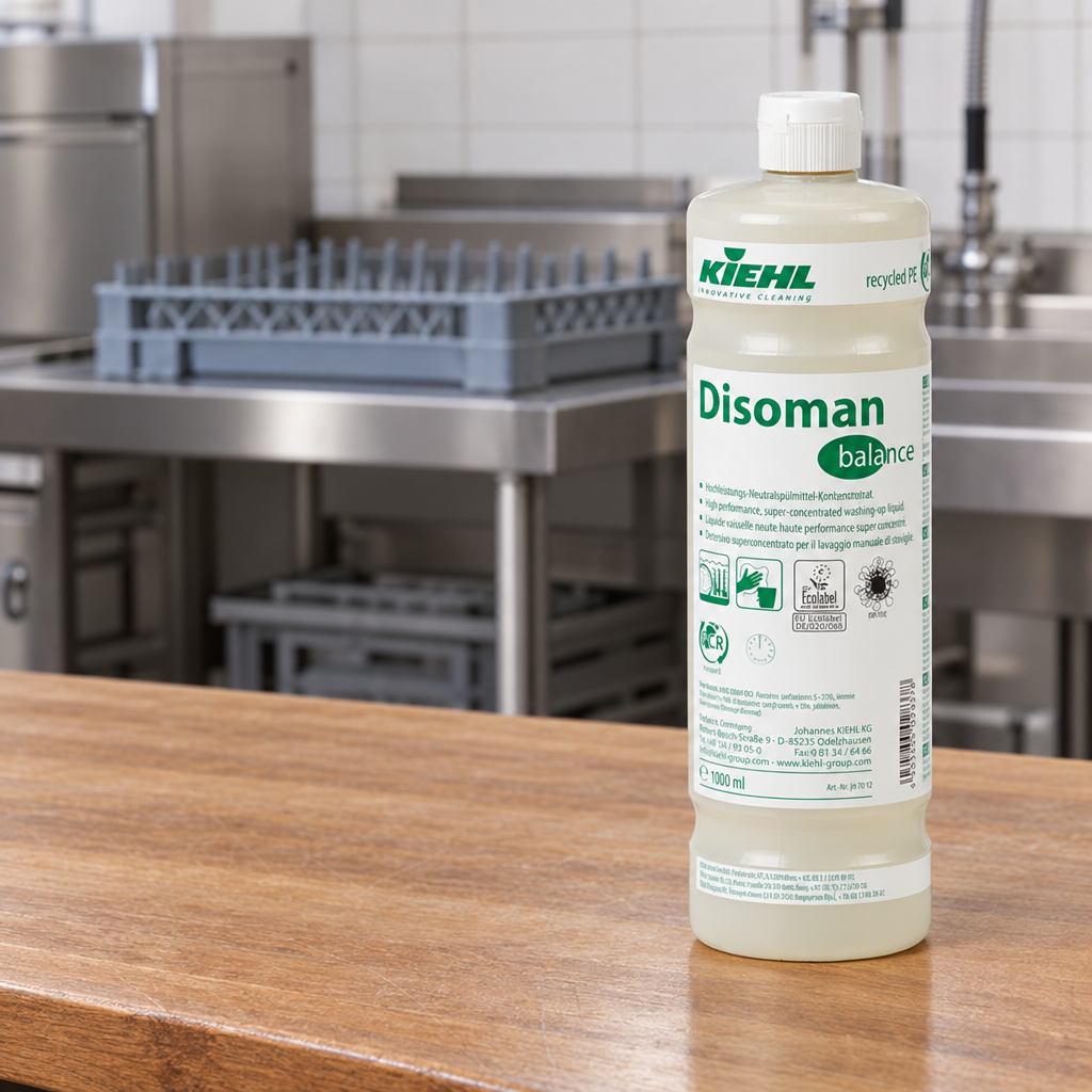 Kiehl Disoman Balance 1 L på træbord med opvaskekurve i baggrunden
