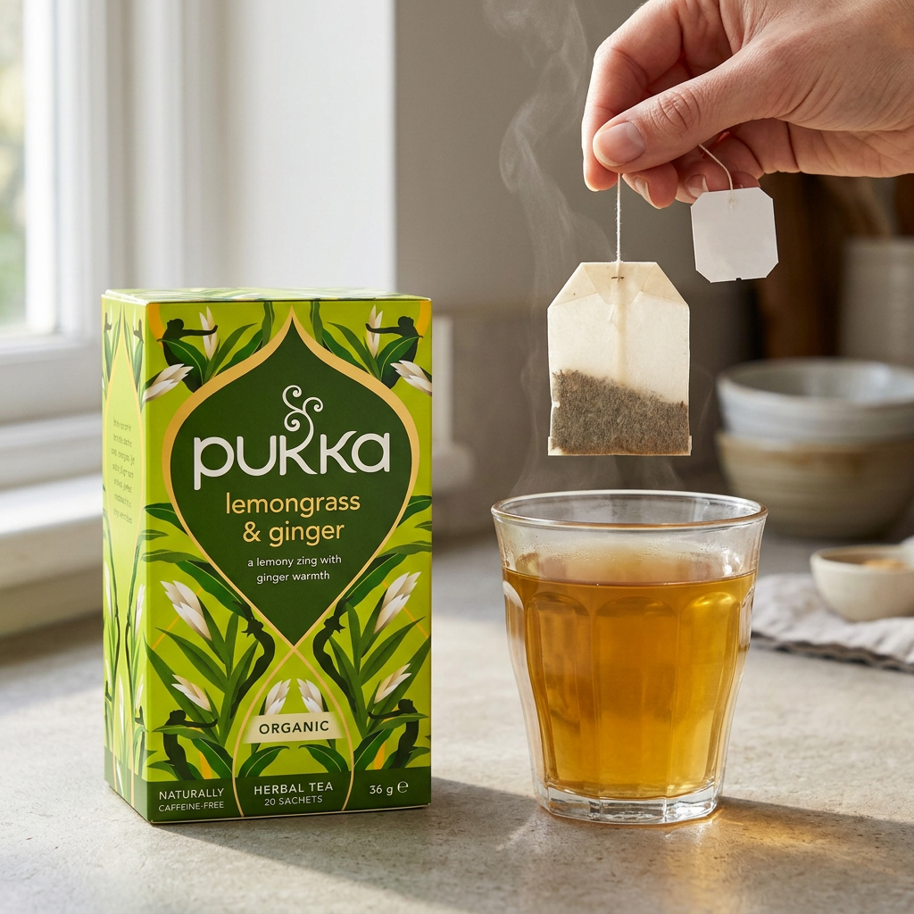 Tebrev løftes fra Picardie caféglas med Pukka Lemongrass & Ginger