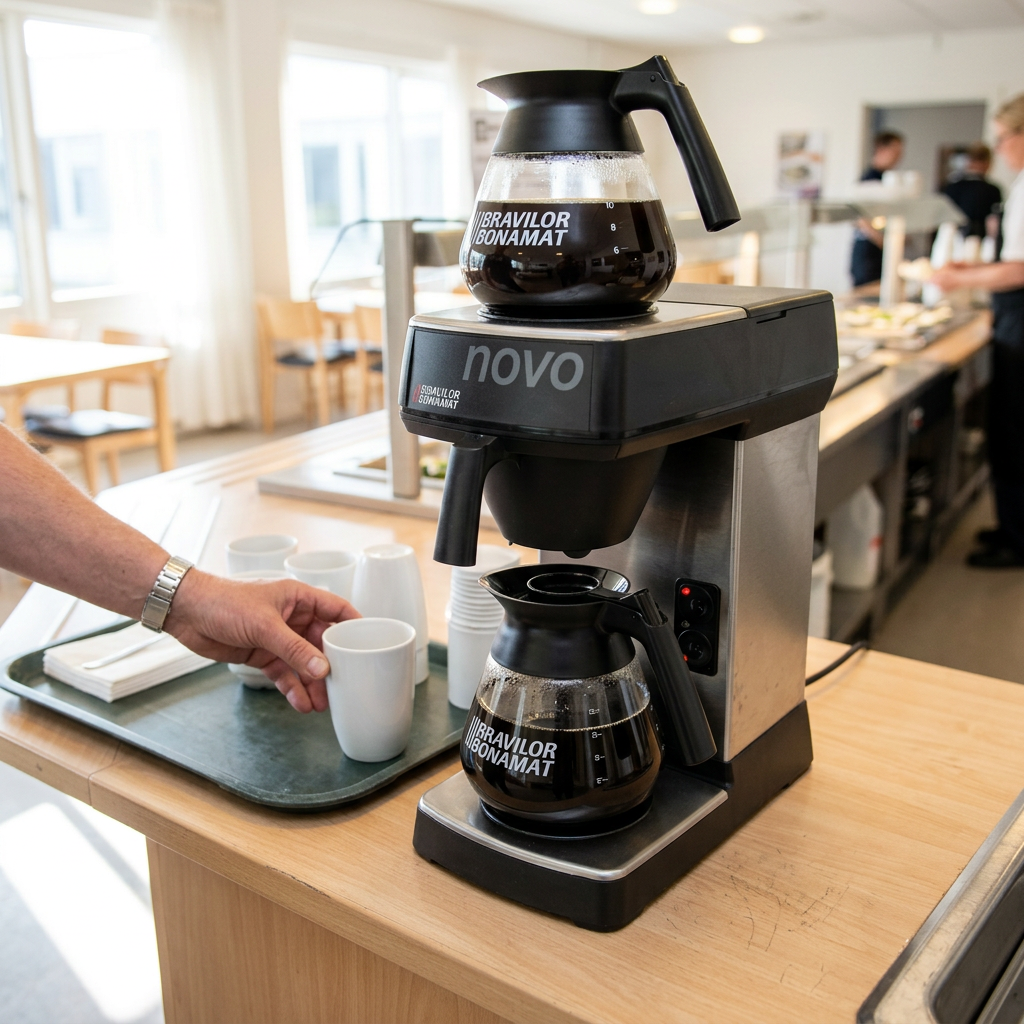 Klargøring af kaffeservering ved Bonamat Novo i kantine