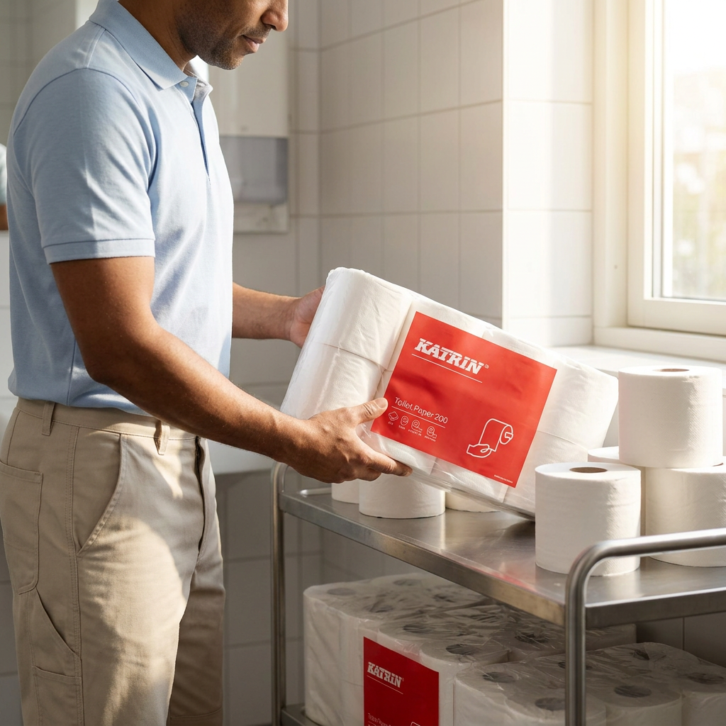 Medarbejder med Katrin Toilet Paper 200 inderpakke ved reservevogn