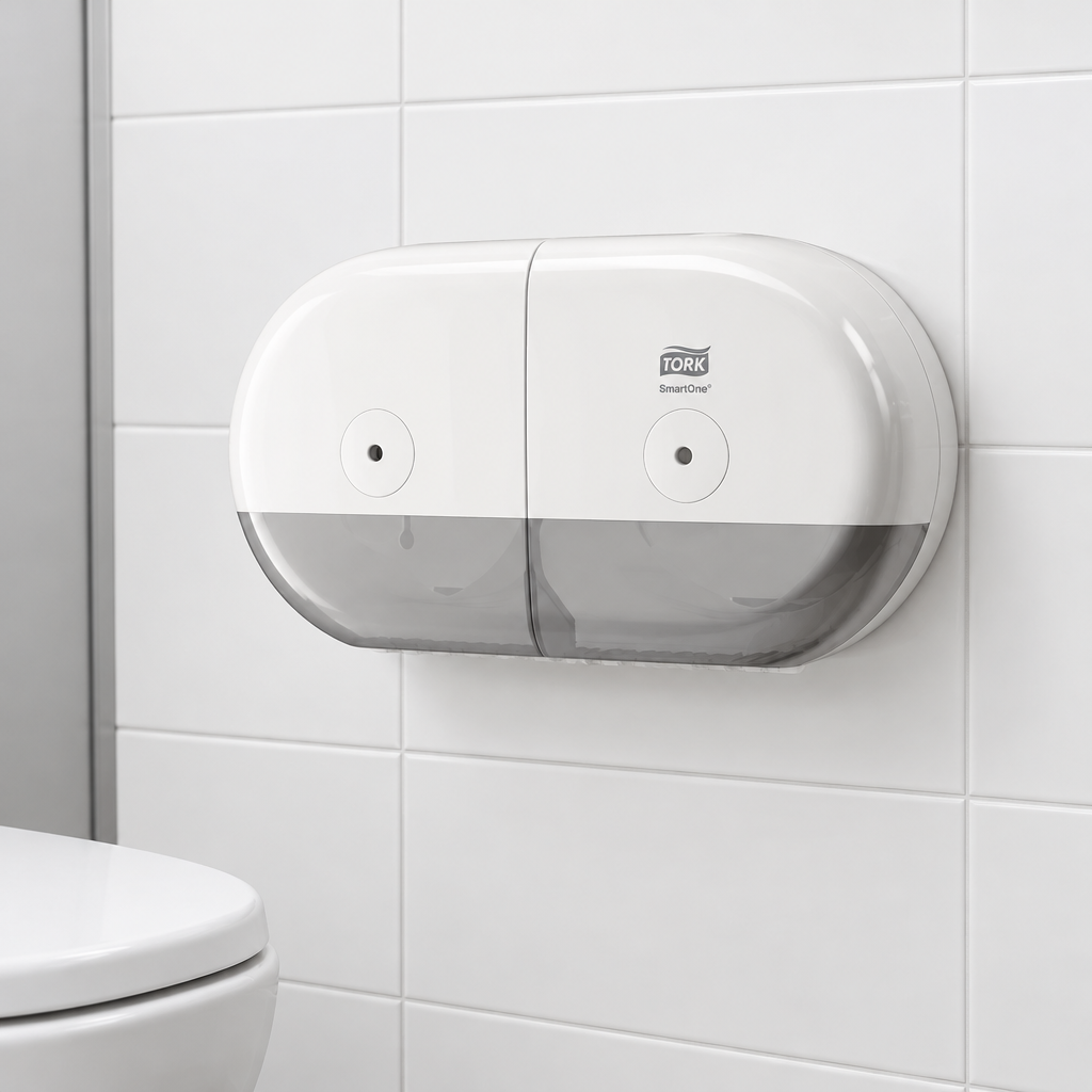 Hvid Tork SmartOne Mini Twin T9 682000 i kontorets toiletkabine