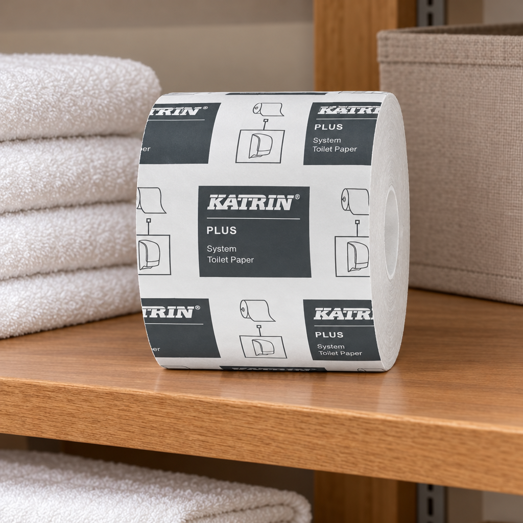 Katrin Plus System-toiletpapir i emballage på hotellets forsyningshylde