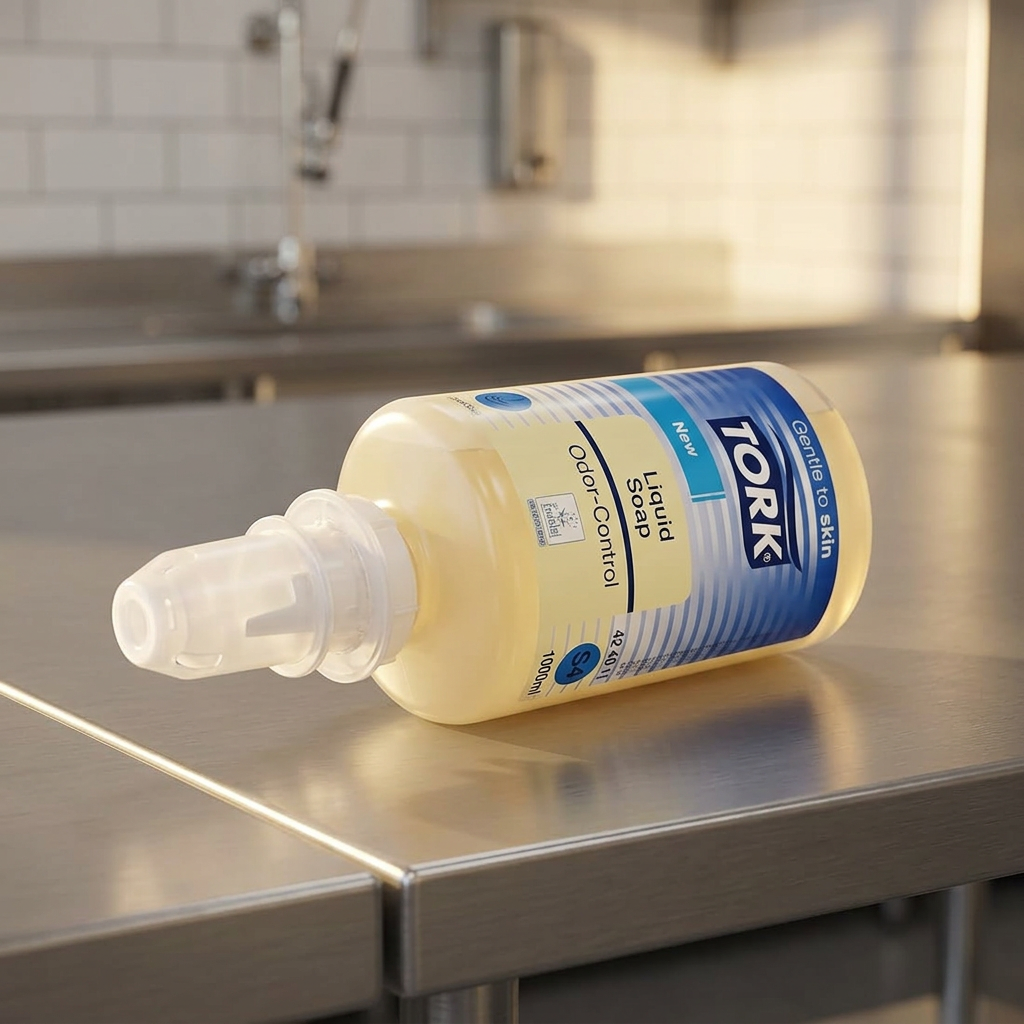 Tork Odor-Control S4 424011 sæberefill på solbelyst stålbord i professionelt køkken