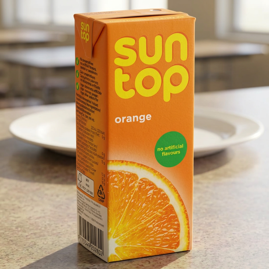 Suntop Appelsin på kantinebord ved tallerken