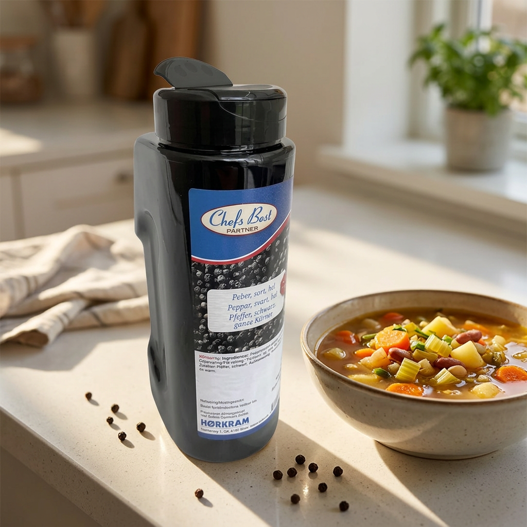 Chefs Best Partner peberdåse ved grøntsagssuppe i naturligt sollys