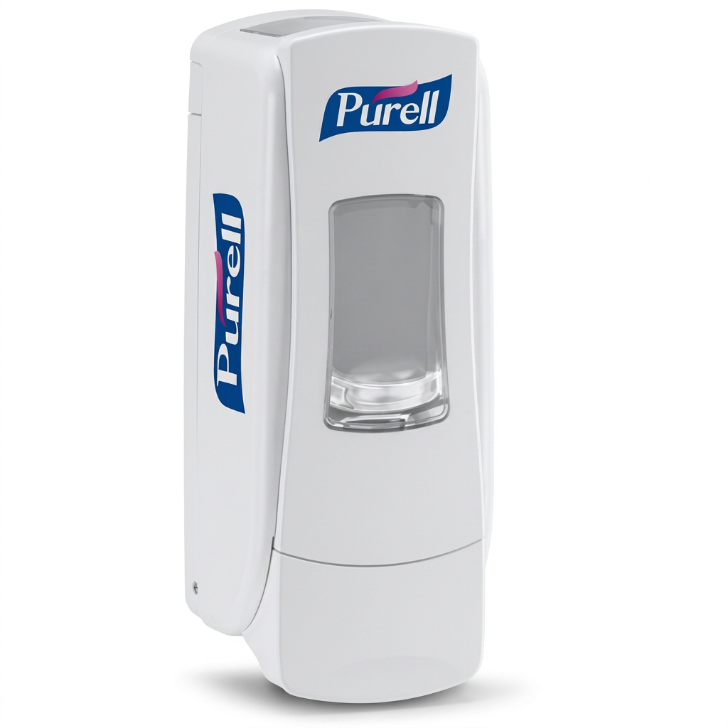 Genereret ren version af hvid Purell ADX-7-dispenser på hvid baggrund