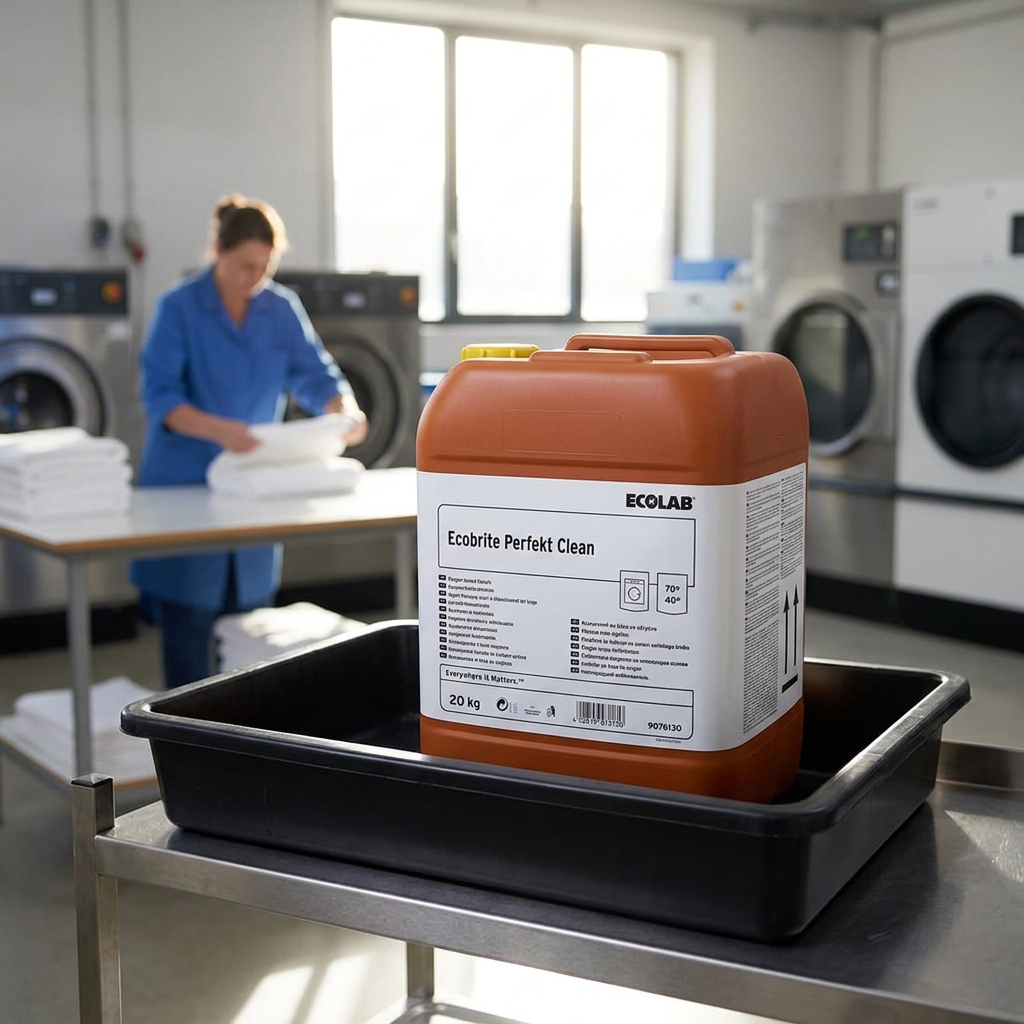 Ecobrite Perfekt Clean i forgrunden med medarbejder ved tekstiler i baggrunden, stemningsbillede