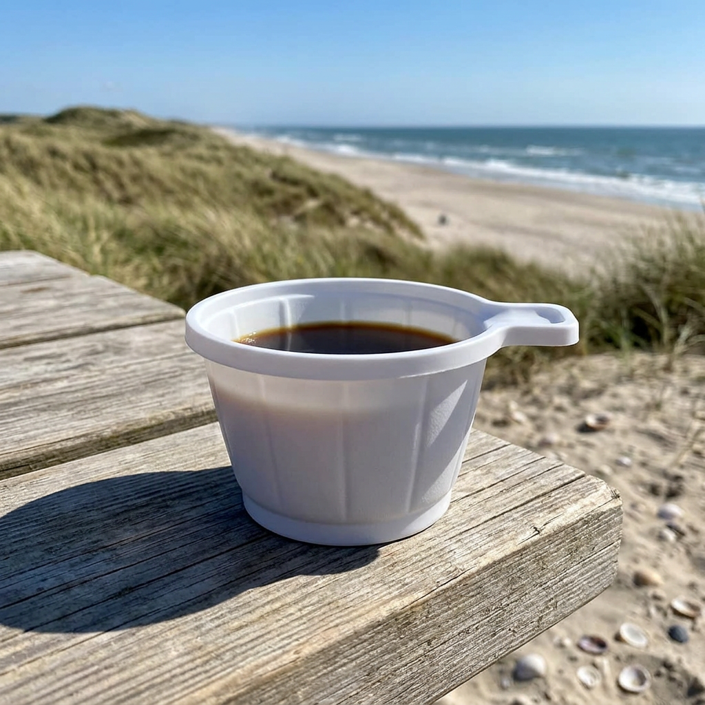 Hvid kaffekop med hank og kaffe på træbord ved solrig strand
