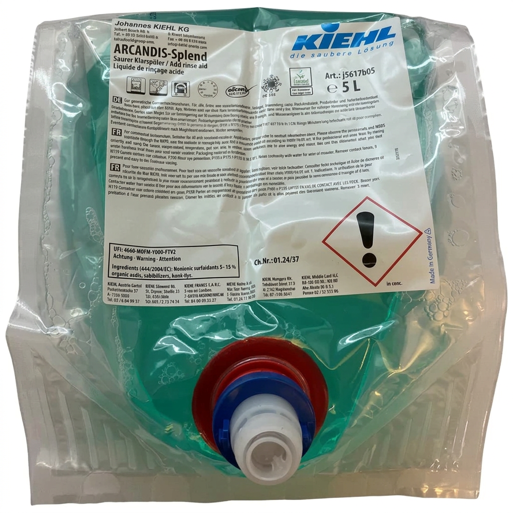 Kiehl Arcandis-Splend afspændingsmiddel BIB 5 liter, indvendig pose med grøn væske og rød-blå tilslutning på hvid baggrund, varenummer 8178.