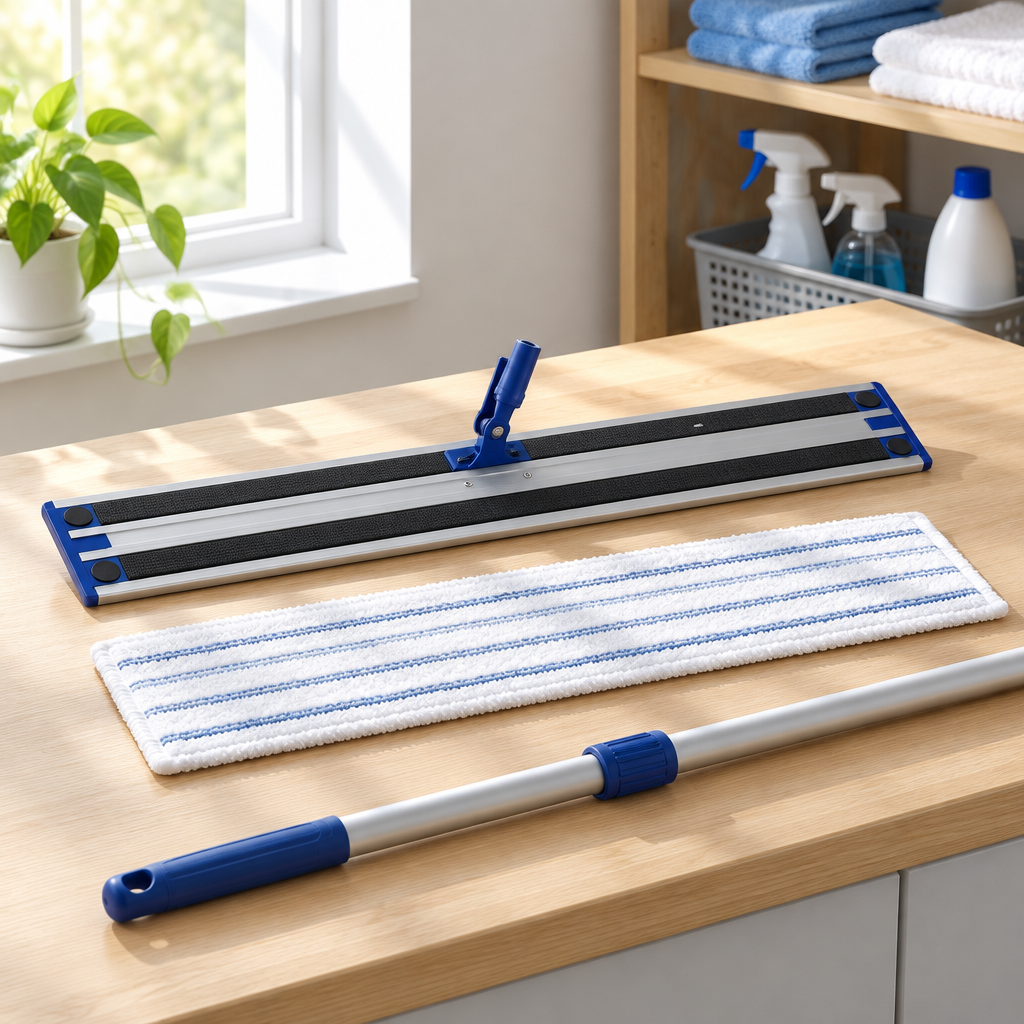 Stemningsbillede af bred moppefremfører og udstyr, ikke foto af den konkrete Clean Plus 60 cm-fremfører