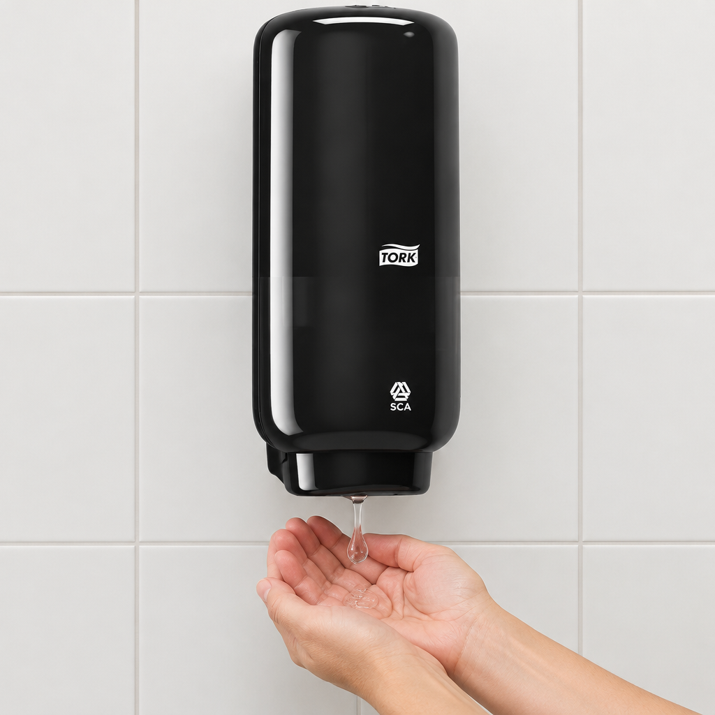 Sort Tork TouchFree-dispenser med gel ved personalestation
