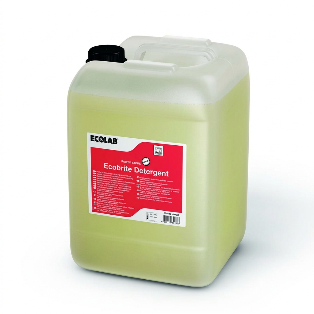 Ecolab Ecobrite Detergent 20 kg i dunk med sort låg og rød etiket på hvid baggrund