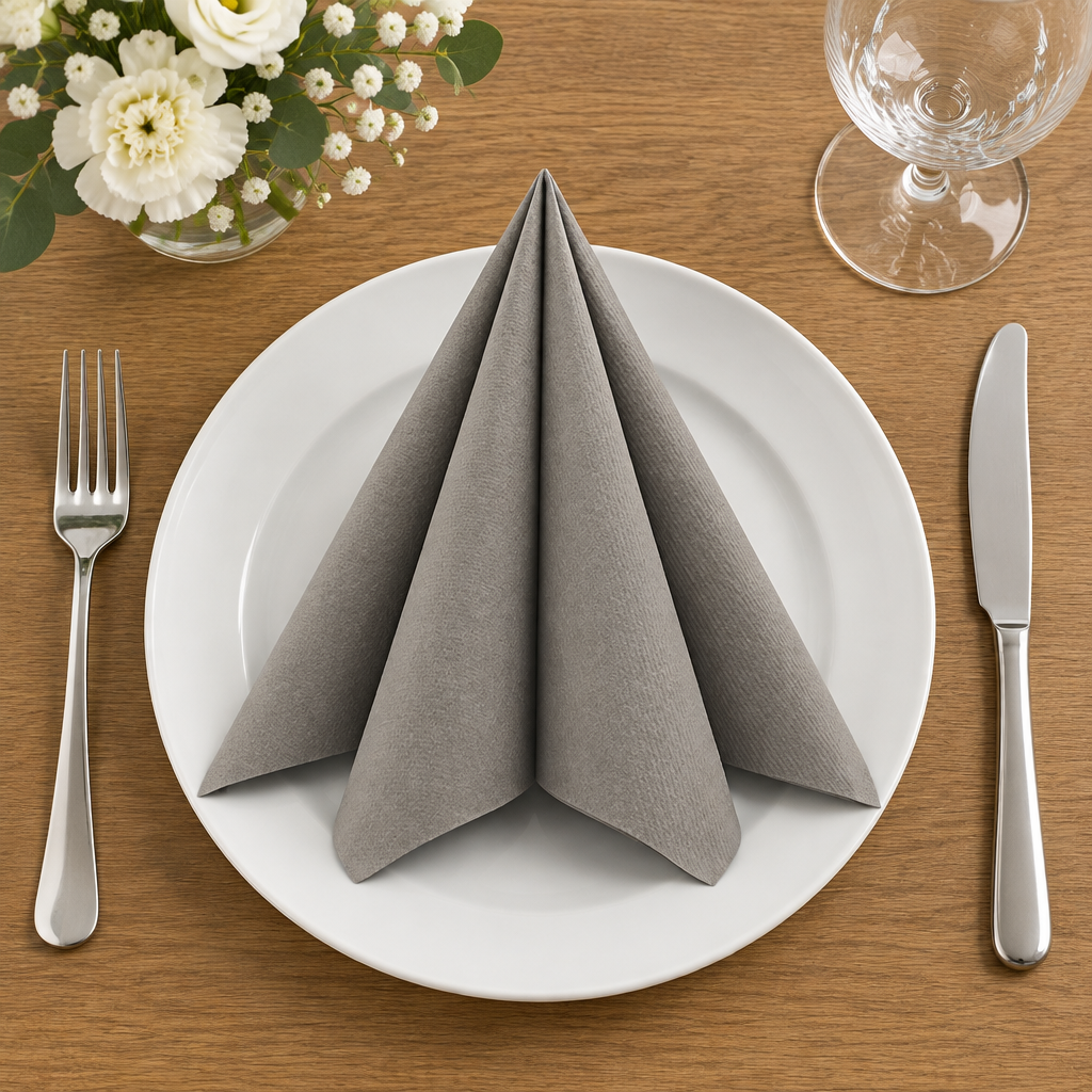 Kuvert med Beige Grey Airlaid-serviet set ovenfra