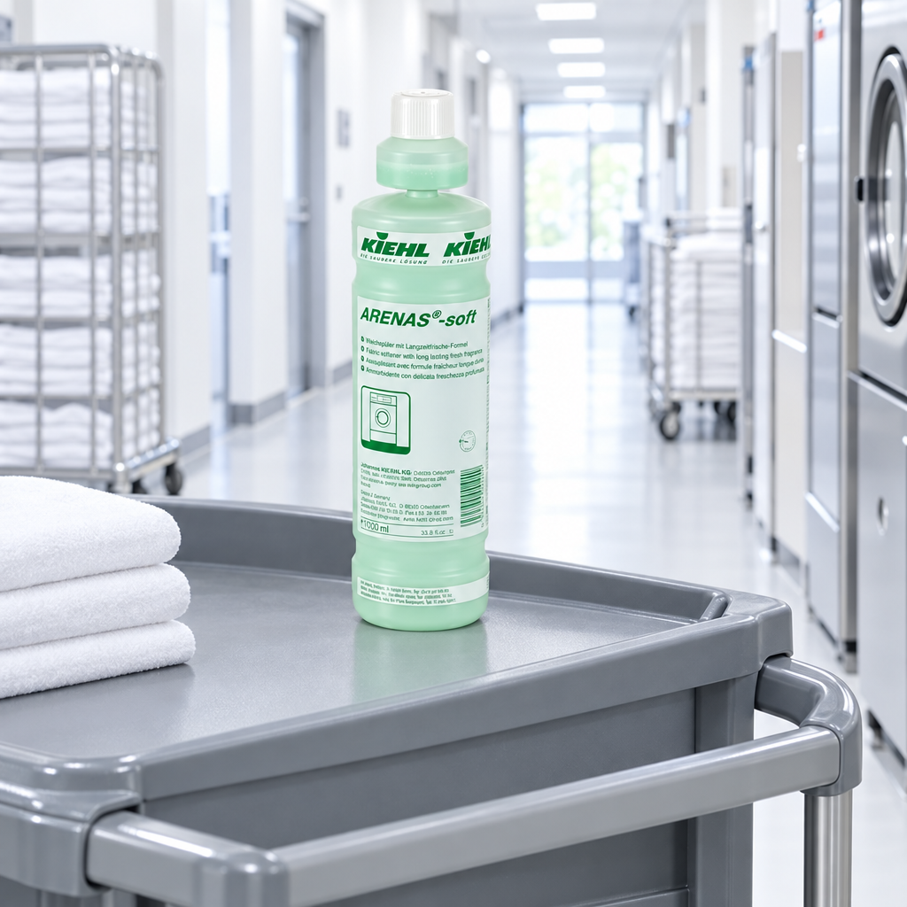 Kiehl Arenas Soft 1 L på grå servicevogn i lys vaskerigang