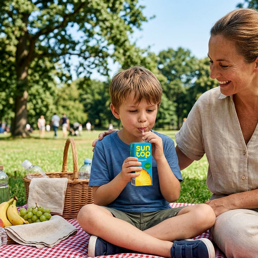 Barn drikker Suntop Ananas med sin mor på picnic