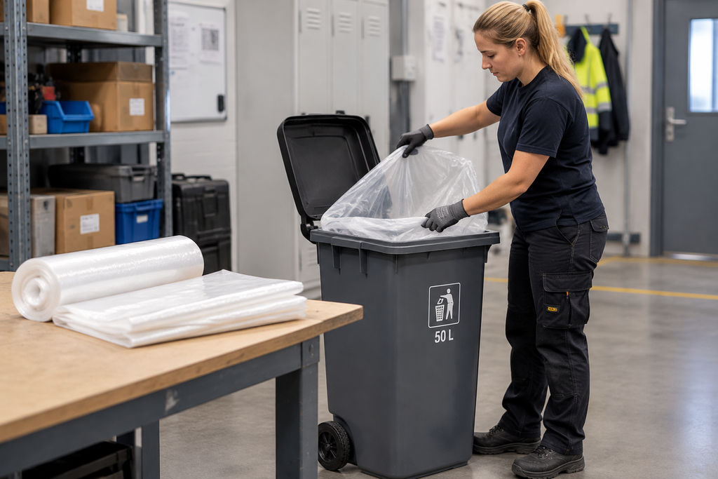 Miljøbillede, varenr. 6018: ansat skifter klar affaldspose i 50-liters beholder på lager eller i virksomhed