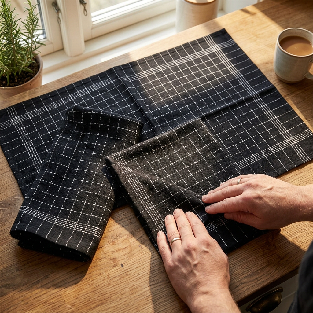 Voksen folder sorte kokkeviskestykker med hvide tern ved solrigt køkkenvindue