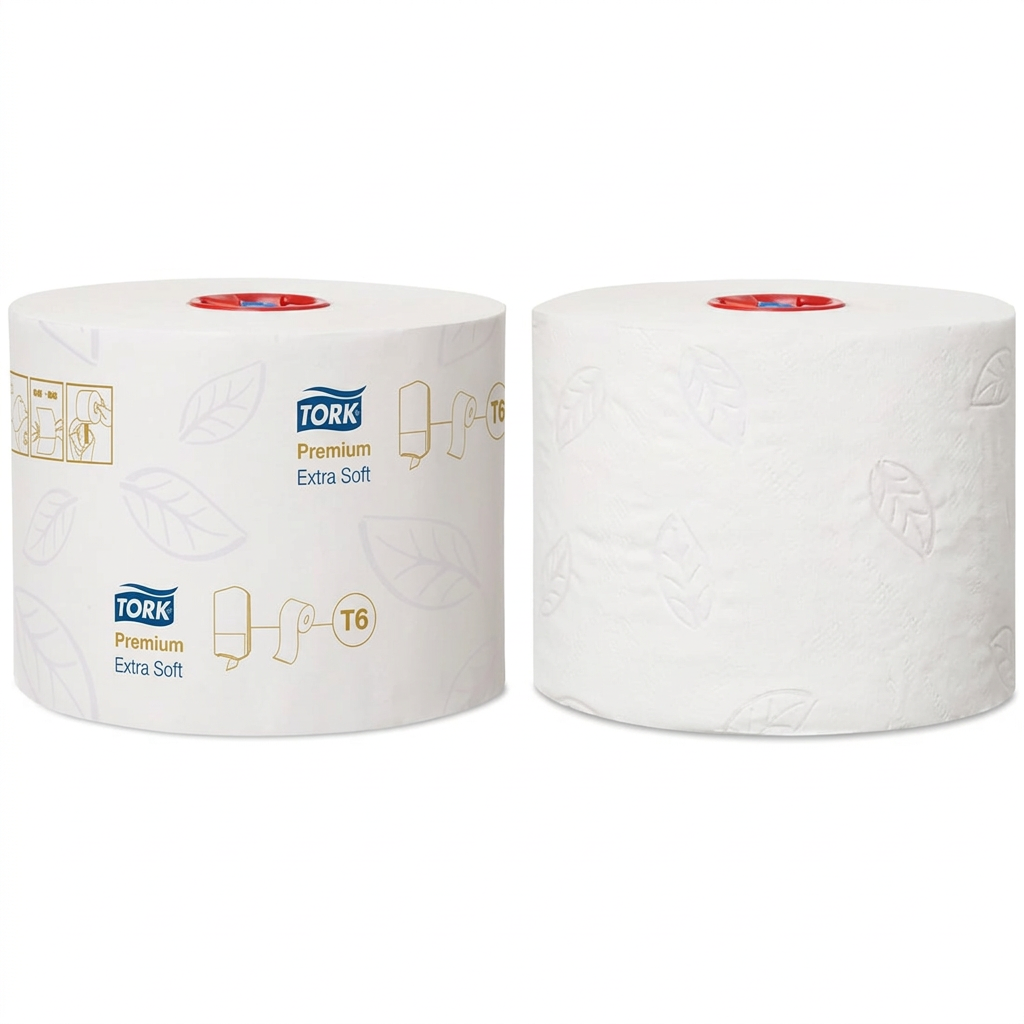 Tork Premium Extra Soft T6-toiletpapir med tre lag, to ruller på hvid baggrund