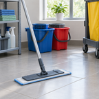 Stemningsbillede af fladmoppe på flisegulv, ikke foto af den konkrete Clean Plus-fremfører