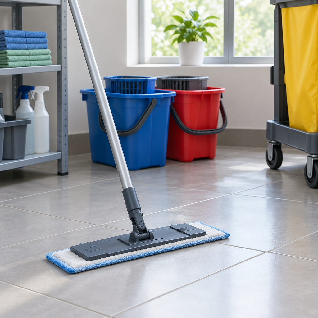 Stemningsbillede af fladmoppe på flisegulv, ikke foto af den konkrete Clean Plus-fremfører