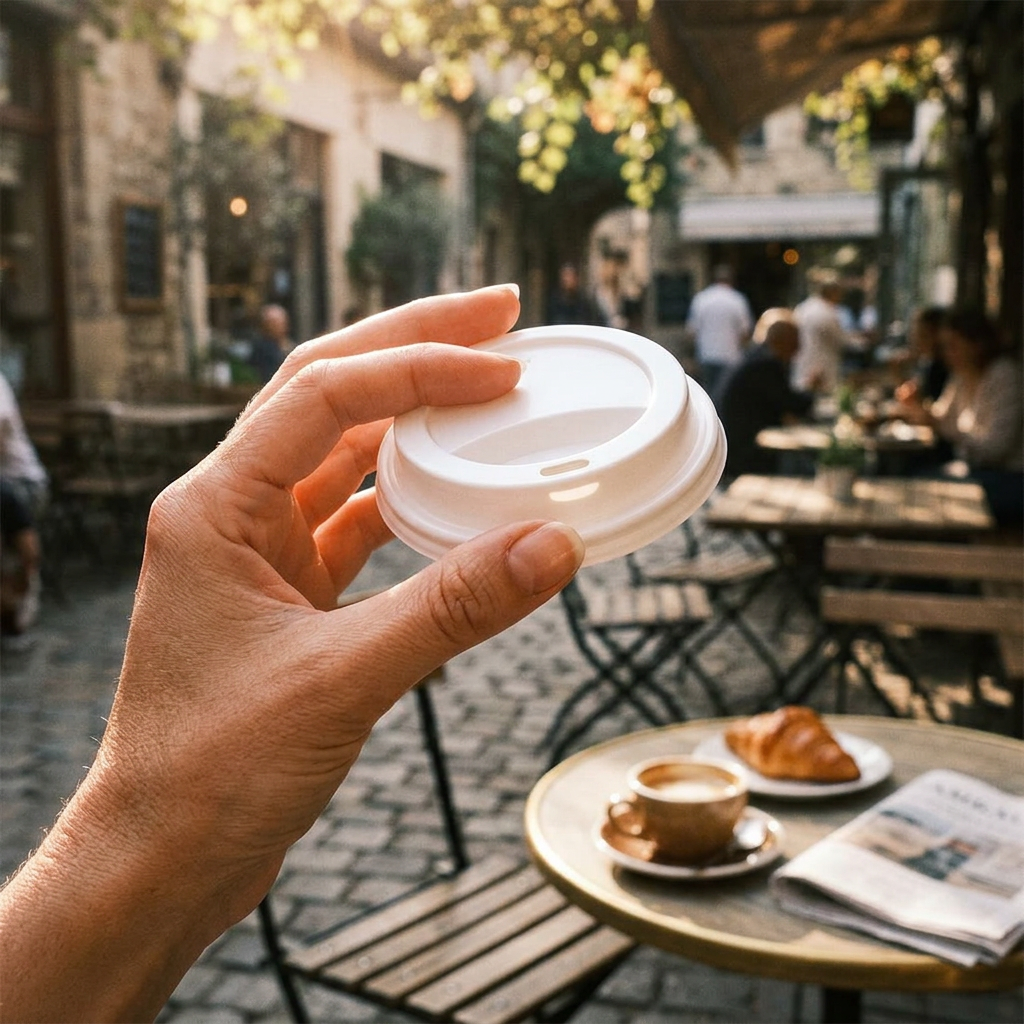 Voksen holder et løst hvidt drikkelåg ved solrig markedscafé