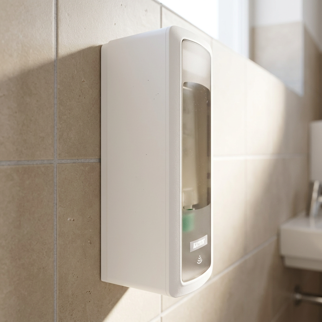 Hvid Katrin Touchfree-dispenser på beige flisevæg i sollys