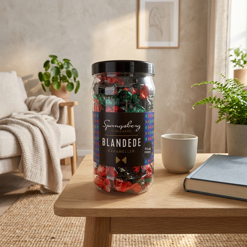 Spangsberg-karameller på sofabord ved kaffekop og bog