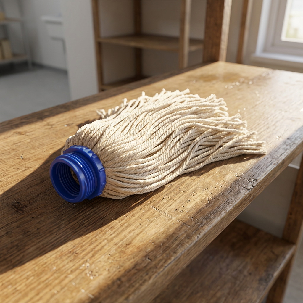 Basic moppehoved på træhylde i sollys, stemningsbillede